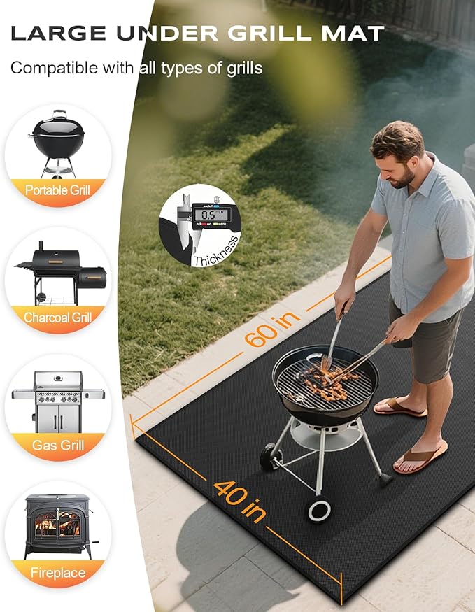 Non-Curl 60x40 inch Under Grill Mats for Outdoor Grill, Indoor Fire Pit Hearth Rugs for Fireplace, Double-Sided Fireproof, Oilproof & Waterproof BBQ Grill Mat, Easy to Clean,for Deck/Patio/Lawn