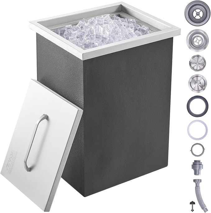 VEVOR Drop in Ice Chest, 14" L x 12" W x 18" H Stainless Steel Ice Cooler, Commercial Ice Bin with Cover, 40 qt Outdoor Kitchen Ice Bar, Drain-Pipe and Drain Plug Included, for Cold Wine Beer