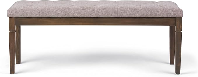 SIMPLIHOME Carmel 32" Wide Solid Acacia Wood Outdoor Chair in Sand Drift | Traditional tufted ottoman bench with carved legs; perfect footstool, footrest or bench for bedroom or entryway.