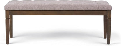 SIMPLIHOME Carmel 32" Wide Solid Acacia Wood Outdoor Chair in Sand Drift | Traditional tufted ottoman bench with carved legs; perfect footstool, footrest or bench for bedroom or entryway.