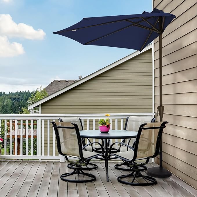 JEAREY 9ft Half Umbrella Outdoor Patio Umbrella Market Umbrellas with Crank, 1/2 Round Wall Umbrella 5 Sturdy Ribs UV Protection for Pool Garden Balcony Deck, Navy