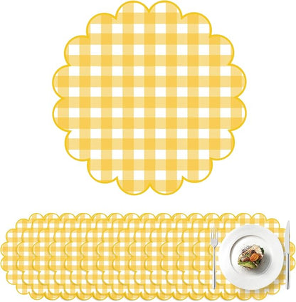 100Pcs Checkered Paper Placemats Yellow Gingham Place Mats 13.5 Inch Disposable Round Decorative Dining Table Mat with Scalloped Edge Paper Cutouts Decor for Wedding Baby Shower Table Party Supplies