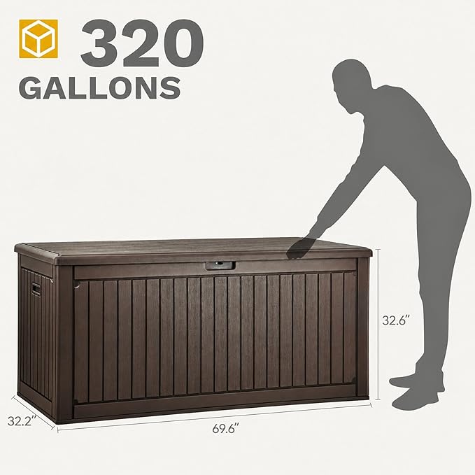 DWVO 320 Gallon Double-Wall Deck Box with Divider, XXL Extra Large Resin Outdoor Storage Box, Lockable & Waterproof, Double as Seating, 1000lbs Capacity (Brown)