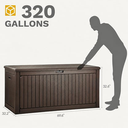 DWVO 320 Gallon Double-Wall Deck Box with Divider, XXL Extra Large Resin Outdoor Storage Box, Lockable & Waterproof, Double as Seating, 1000lbs Capacity (Brown)