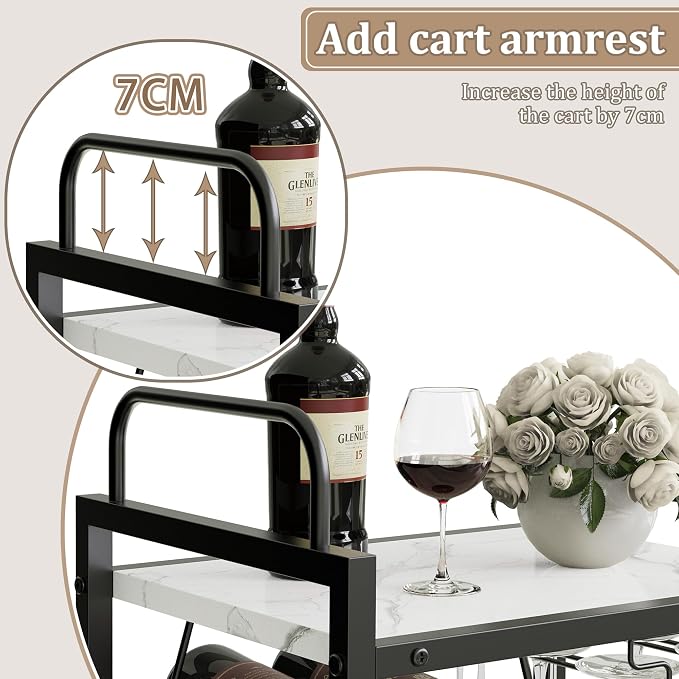 Bar Cart for The Home, 3 Tier Kitchen Carts with Wheels, Small Rolling Cart with Glass Holders, Wine Rack, Mini Bar Cart for Kitchen, Dining room, Living Room, 13.0"D x 17.0"W x 33.8"H, Marble White