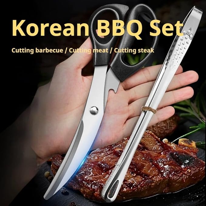 304 Stainless Steel Korean BBQ Scissors and Tongs Set,korean curve shape shears for kitchen use 9.45 inch Scissors(Black+Red) +(9.45+11) inch Tongs 4 in 1 Utensil set for Cooking