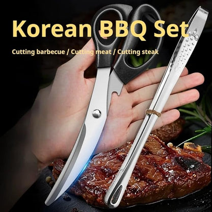 304 Stainless Steel Korean BBQ Scissors and Tongs Set,korean curve shape shears for kitchen use 9.45 inch Scissors(Black+Red) +(9.45+11) inch Tongs 4 in 1 Utensil set for Cooking