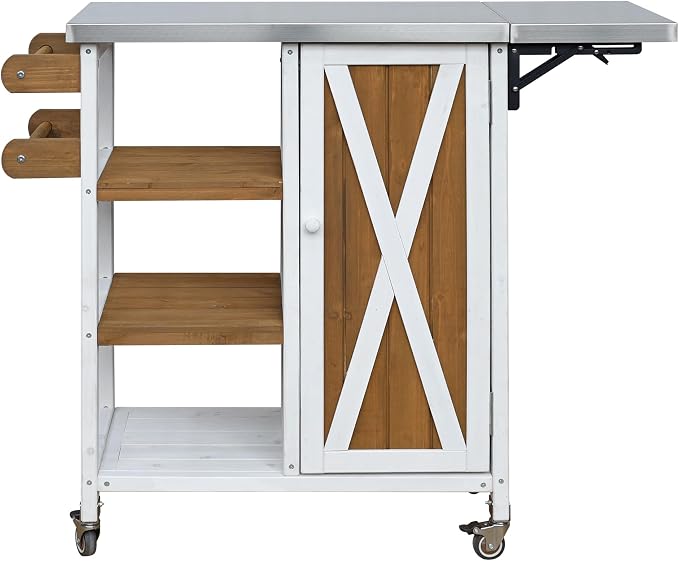 JIVOIT Outdoor Kitchen Island with Foldable Stainless Steel Tabletop, Patio Fir Wood Kitchen Cart Portable Prep Station with Lockable Wheels, Storage Cabinet and Towel Rack (White+Brown/123)