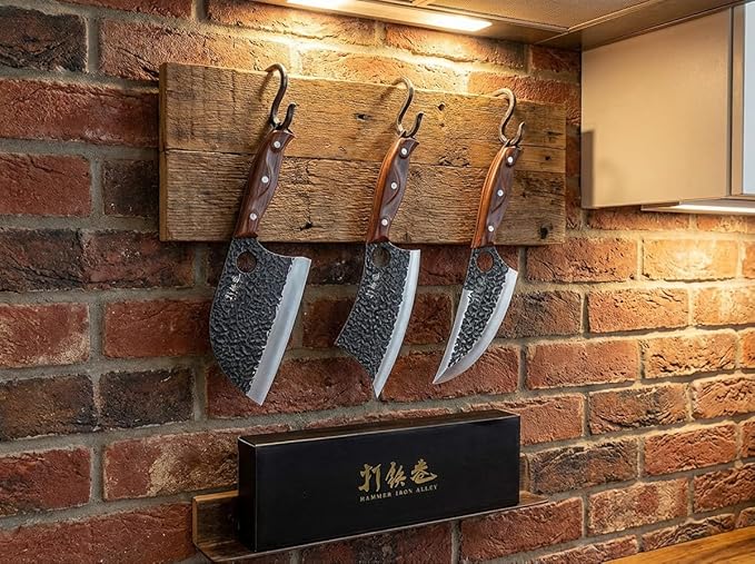3PCS Butcher Knife Set, 7" Butcher Meat Cleaver, 7" Serbian Chef Knife and 6.5" Viking Knife, Hand Forged Kitchen Knife Set with Plastic Handle, Geat for Home, Camping, BBQ (Unique Finger Hole Design)