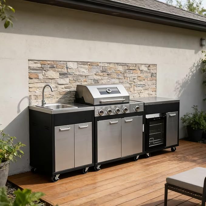 Portable Integrated Outdoor Kitchen Island, Compact Modular Weatherproof BBQ Pod with Built-in Sink & Ice Cooler, Mobile Outdoor Cooking Station for Tailgating, Campsite & Outdoor Event