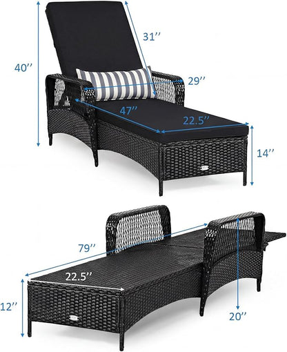 COSTWAY PE Rattan Chaise Lounge Chair, 6 Gear Adjustable Recliner with Armrest & Pillow, Wicker Outdoor Furniture for Deck, Patio (2, Black+White)