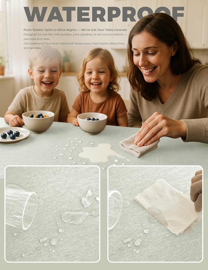Decorelia Wrinkle-Free Oblong Table Cloth Decoration for Birthday, Waterproof Outdoor Picnic Faux Linen Table Covers for Camping, Party& Wedding (Rectangle, 60 x 104 Inch (8-10 Seats), Light Grey)