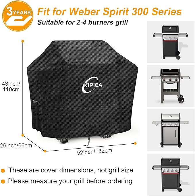 Kipiea 600D Heavy Duty Gas Grill Cover for Weber Spirit 300 Series Grills, Including Spirit E-310, E-330 & S-315, 52-Inch Waterproof BBQ Cover with Windproof Buckles, UV Resistant, No Tear, No Fading