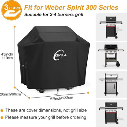 Kipiea 600D Heavy Duty Gas Grill Cover for Weber Spirit 300 Series Grills, Including Spirit E-310, E-330 & S-315, 52-Inch Waterproof BBQ Cover with Windproof Buckles, UV Resistant, No Tear, No Fading