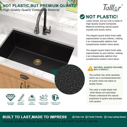 Granite Composite Kitchen Sink - 30 Inch Matte Black Granite Kitchen Sink Drop In Topmount Workstation Quartz Single Bowl Sinks All-In One, 30"x22" #TLGT-124