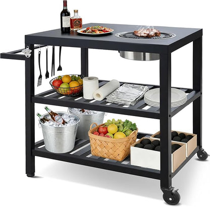 Outdoor Grill Cart with Grill Kit, Movable BBQ Prep Tables Station with Wheels, Dining Cart Table with 2-Tier Storage Cart, 33.3" Lx19.9W x33.2H Grill Table, Black