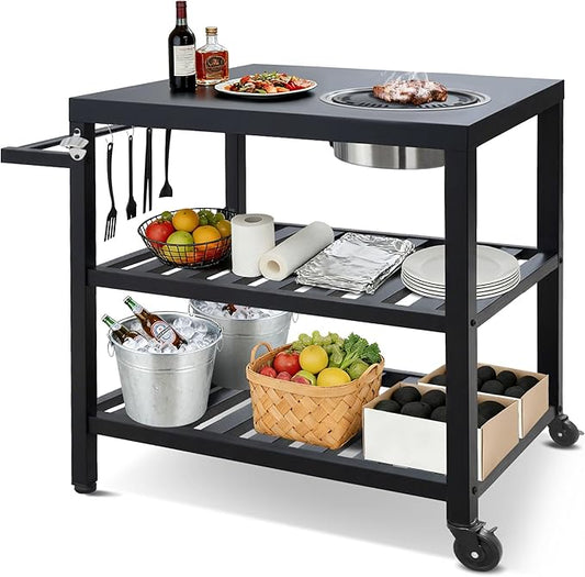 Outdoor Grill Cart with Grill Kit, Movable BBQ Prep Tables Station with Wheels, Dining Cart Table with 2-Tier Storage Cart, 33.3" Lx19.9W x33.2H Grill Table, Black