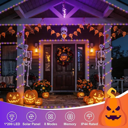 QITONG Orange and Purple Solar Halloween Lights, 66ft 200 LED Solar Rope Lights Outdoor Waterproof, 8 Modes Clear PVC Tube Light Outdoor Waterproof