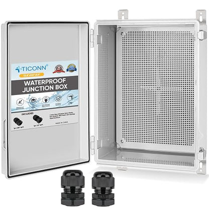 TICONN Outdoor Electrical Box Waterproof, Junction Box IP67 ABS Plastic Enclosure with Hinged Cover with Mounting Plate, Wall Brackets, Cable Glands (Off-White, 13.8"x9.8"x5.9")