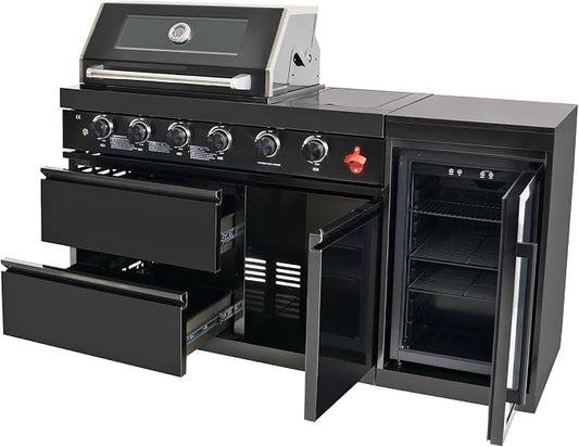 65-Inch 4-Burner 72,000 BTU Deluxe Stainless Steel Propane Gas Outdoor Kitchen Barbecue Island Grill, Wine Cooler, Compact Refrigerator, Marble Countertops