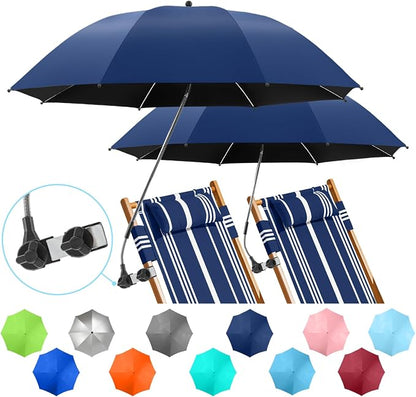 2 PACK Beach Umbrella with Clamp, 360 ° Adjustable Umbrellas for Chair, UPF50+ Umbrella for Beach Chair, Patio Chair, Wheelchair, Camping Chair, Golf Carts (Chair Not Included)
