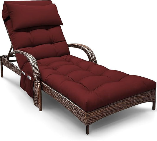 Outdoor Chaise Lounge Chair Cushion, Waterproof Outdoor Chair Cushions for Patio Furniture, 71 x 21 x 4 Inches Replacement Chaise Lounge Cushion with Ties (Red)