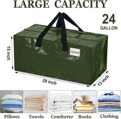 4 Pcs 24 Gallon Extra Large Moving Bags Heavy Duty Storage Bag with Strong Zipper Handle Foldable XXL Jumbo Storage Tote Packing Moving Box for College Dorm Travel Cloth Duffle (Green)