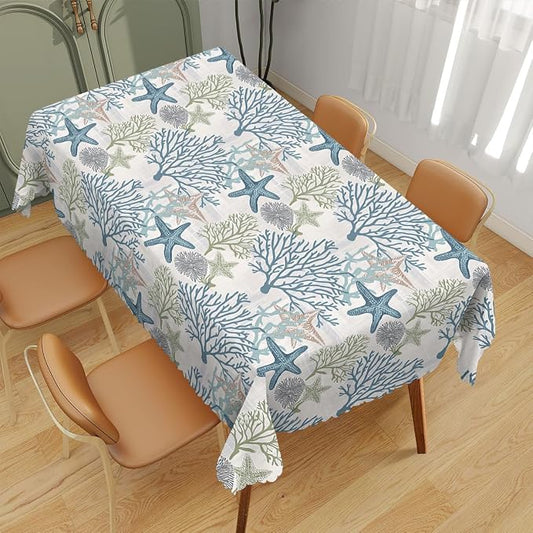 Nautical Decorative Rectangle Table Cloth Starfish Beach Ocean Seashell Coral Rectangle Kitchen Table Cover Oblong Tablecloth for Dining Table Buffet Parties Patio Camping 52" x 70" 4-6 Seats