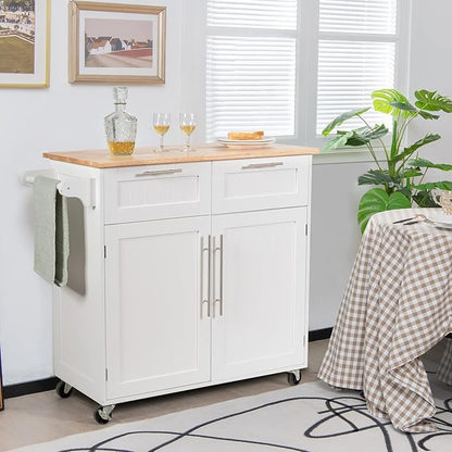 COSTWAY Kitchen Island on Wheels, Kitchen Cart with Side Towel Bar, 2 Drawers, 2 Door Cabinet, Rolling Storage Trolley Cart with Rubber Wood Top & Lockable Casters (White)