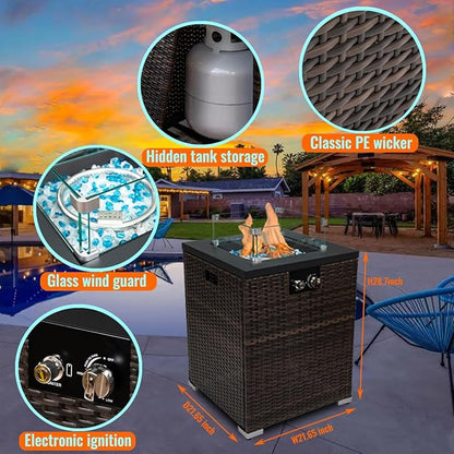 22in Outdoor Propane Gas Fire Pit Table, 40,000 BTU Auto-Ignition Gas Firepit with Glass Wind Guard, Painted Steel Tabletop, Mixed Color Glass Rocks, Brown PE Rattan