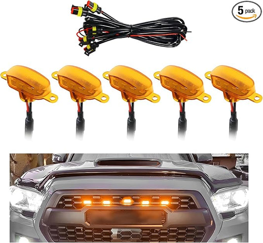 5 PCS Car LED Grille Lights, Waterproof Front Grille Running Lights with Wiring Harness, LED Grill Running Lamp Decorative Light for 2017-2019 F150 Raptor (Yellow & Yellow, 5 PCS)