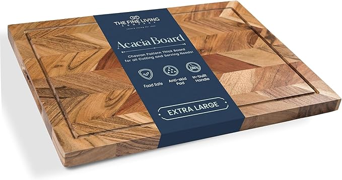 The Fine Living Co. Large Cutting Board, Acacia Wood Meat Chopping Board, Butcher Block with Juice Groove, Chevron Chequered Style, 1" Thick & Food-grade Serving Board, 16"x12"