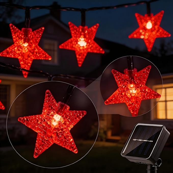 Solar Twinkle Star String Lights Outdoor Indoor Waterproof 39FT 100 LED Solar Powered Fairy Lights with 8 Lighting Modes Christmas Decor for Camping Tree Party Yard Wedding Garden (Red)