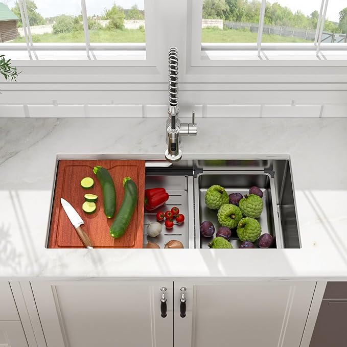 32x17 Inch Undermount Kitchen Sink with Upgraded Fast Drain & Anti-Clog All-In-One, 16 Gauge Stainless Steel Workstation Sink, Single Bowl Deep Under Counter Sink