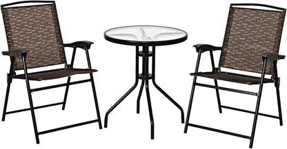 Tangkula 3 Pieces Patio Bistro Set, Outdoor Folding Chairs & Table Set with Tempered Glass Tabletop, Round Table & 2 Foldable Chairs, Small Outdoor Furniture Set for Garden, Poolside & Backyard
