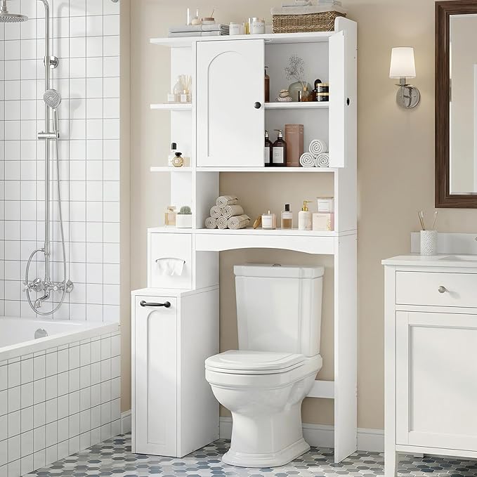 Einhomn Over The Toilet Storage Cabinet with Pulley, Space Saver Bathroom Organizer with Arched Doors & Open Shelves, Toilet Paper Holder Stand Toilet Rack for Bathroom, Restroom, Laundry, White