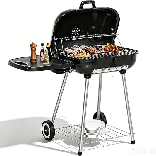 Portable Charcoal Grill with Foldable Side Shelf & Bottom Shelf, BBQ Smoker with Wheels and Adjustable Lid Vents for Picnic, Camping, Backyard Cooking (35" x 23.5"x 32.75")