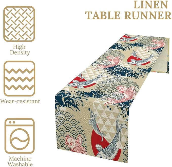 Koi Fish Table Runner Asian Chinese Japanese Wave Red Sun Seasonal Summer Holiday Dinner Runner for Farmhouse Kitchen Dinner Table Party Decoration 13x70in