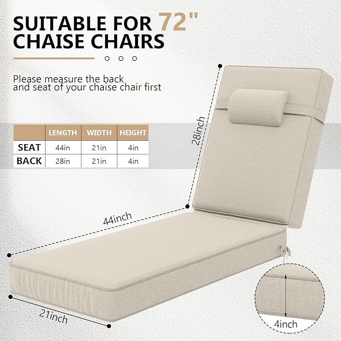72 x 21 x 4 Inch Olefin Chaise Lounge Cushions, Lounge Chair Cushions with Headrest for Outdoor Furniture - Weather and Fade Resistant Patio Replacement Furniture Lounge Chair Cushion Set of 4