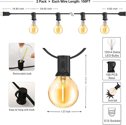 Outdoor String Lights 300FT Wateproof Outside Lighting for Patio Backyard | 154 Plastic Dimmable G40 Globe Bulbs,2-Pack 150FT Connectable Outdoor Lights for Porch Bistro Garden Gazebo Balcony Yard Cafe