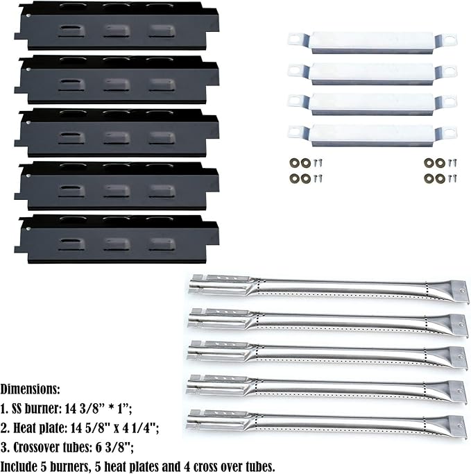 Parts Kit DG258 (5-Pack) Repair Kit Replacement for Charbroil 6 Burner Gas Grill Stainless Steel Burners, Crossover Tubes & Porcelain Steel Heat Plates