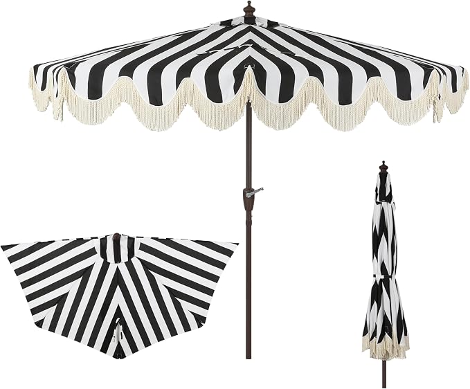 JONATHAN Y Beverly 9 ft. Striped Half Umbrella, Black/Dark Brown | Coastal Scalloped Fringe, Crank Lift, 30 Degree Manual Tilt, UV 50 Polyester Canopy, Aluminum Frame, Space Saving Design