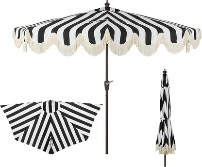 JONATHAN Y Beverly 9 ft. Striped Half Umbrella, Black/Dark Brown | Coastal Scalloped Fringe, Crank Lift, 30 Degree Manual Tilt, UV 50 Polyester Canopy, Aluminum Frame, Space Saving Design
