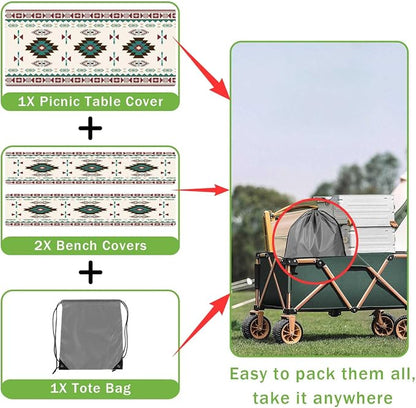 JAWO Fitted Picnic Table and Bench Cover, Southwest Aztec Navajo Tribal Geometric Pattern Waterproof Elastic Picnic Tablecloth for Outdoor Camping Patio Backyard Park, 30X72inch