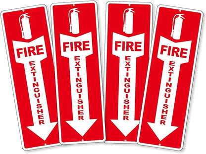 (4 Pack) Fire Extinguisher Signs – Strong Self Adhesive Fire Extinguisher Sign for Business, 12x4 Inch Aluminum Fire Extinguisher Signs Weather Resistant and Easy to Install (Red)