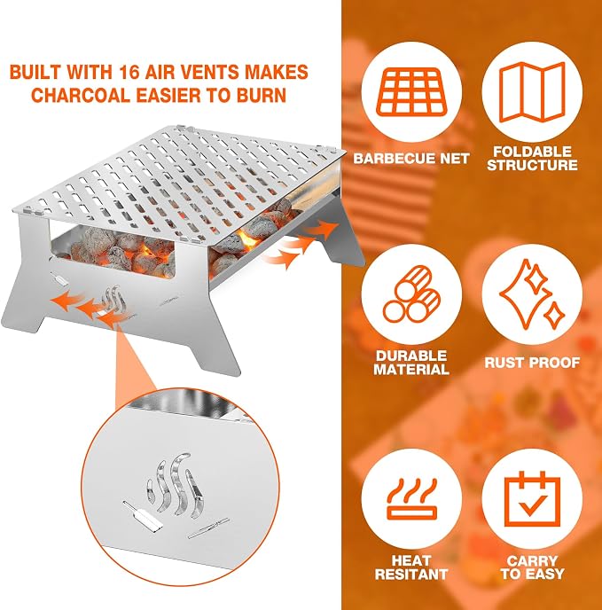 Onlyfire Portable Charcoal Grill, Heavy Duty Stainless Steel | Foldable Barbecue Grill, Carry Bag and BBQ Tong, For Patio Backyard, Outdoor Camping, Picnic and Hikin