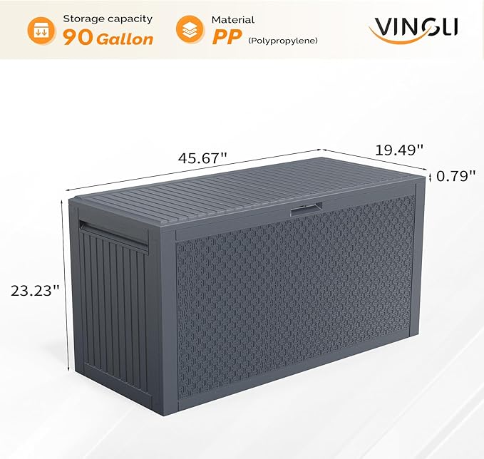 VINGLI 90 Gallon Outdoor Storage Box, Lockable Plastic Storage Containers with Lid, Patio Deck Box Furniture for Garden, Pool, Balcony, Yard (Gray)