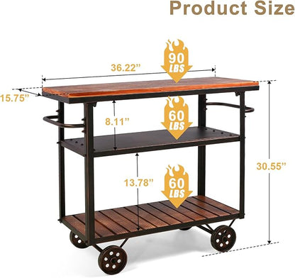 Farmhouse Mobile Cart with Wheels for Home Kitchen Industrial Rolling Food Cart Outdoor Vintage Wood and Metal Design Utility Cart in Office Coffee House 3 Tier with 2 Side Handle