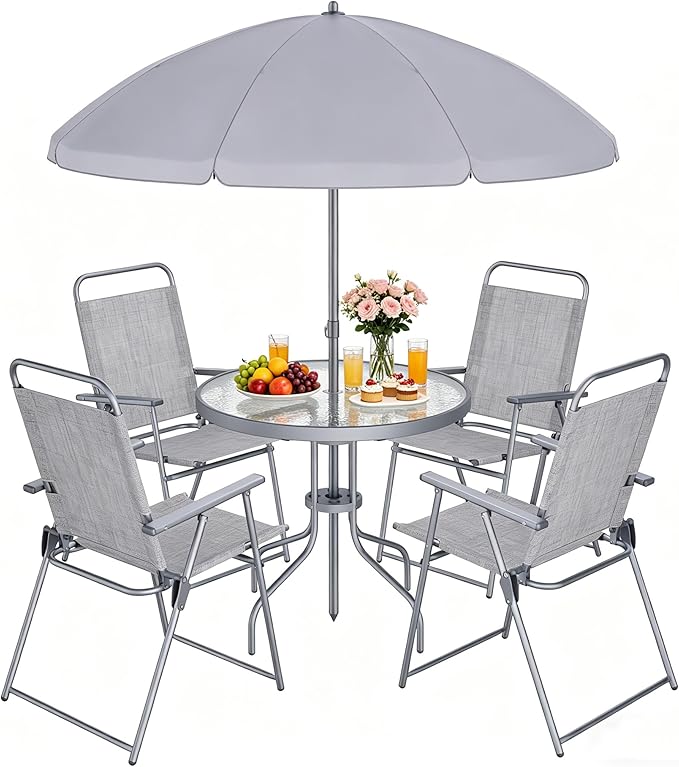 Shintenchi 6 Piece Outdoor Patio Furniture Set, Small Outdoor Patio Dining Table and Chairs Set, Outdoor Seating with Umbrella for Backyard, Balcony, Front Porch, Ice Silver
