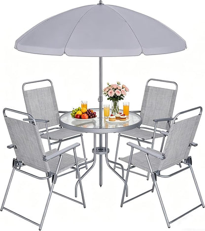 Shintenchi 6 Piece Outdoor Patio Furniture Set, Small Outdoor Patio Dining Table and Chairs Set, Outdoor Seating with Umbrella for Backyard, Balcony, Front Porch, Ice Silver